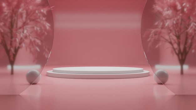 Rendering 3d podio bianco su sfondo rosso con albero