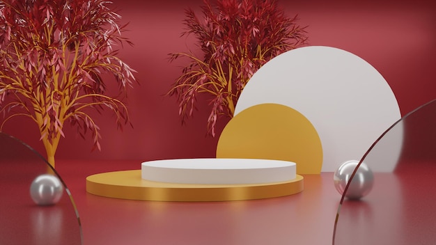 Rendering 3D podio d'oro su sfondo rosso con albero