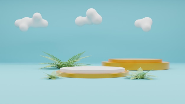 Rendering 3D podio tropicale su sfondo spiaggia con foglie tropicali e nuvole