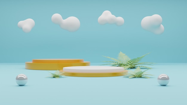 Rendering 3D podio tropicale su sfondo spiaggia con foglie tropicali e nuvole