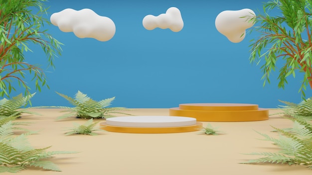 Rendering 3D podio tropicale su sfondo spiaggia con foglie tropicali e nuvole