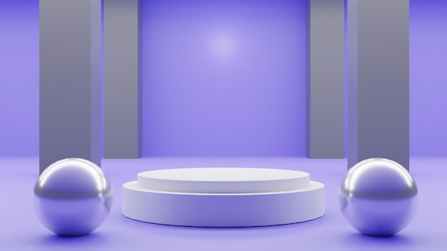 Rendering 3D podio vuoto con palline su sfondo viola