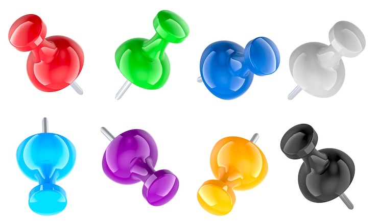 PSD rendering 3d de push pins colorés isolés sur un fond transparent