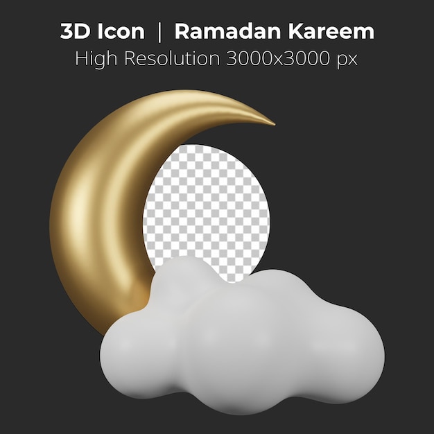 Rendering 3D Ramadan Kareem Luna crescente e nuvole