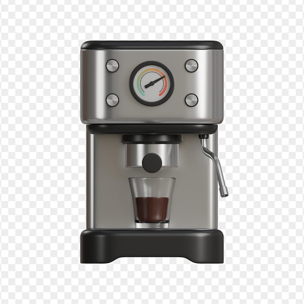 Rendering 3D réaliste d'une machine à café argentée et noire brassant du café chaud dans une tasse en verre transparent
