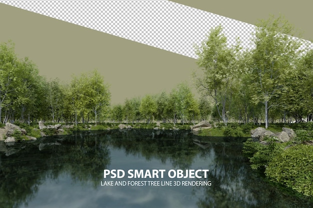 Rendering 3d realistico della linea degli alberi del lago e della foresta di oggetti isolati