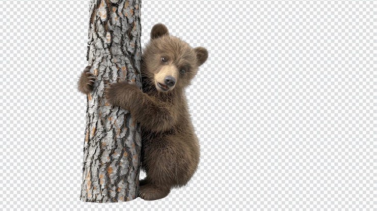 PSD rendering 3d realistico di un cucciolo d'orso che si arrampica su un albero per progetti educativi e creativi