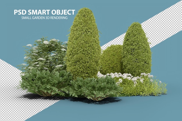 Rendering 3d realistico di un piccolo giardino di oggetti isolati