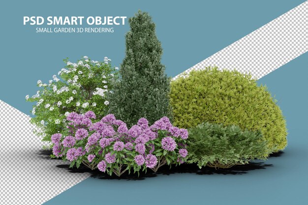 Rendering 3d realistico di un piccolo giardino di oggetti isolati