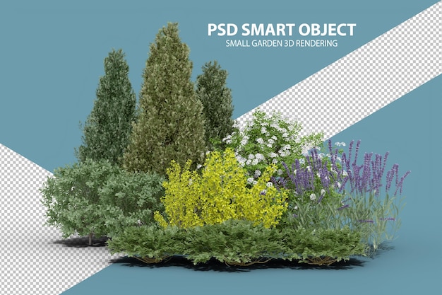 Rendering 3d realistico di un piccolo giardino di oggetti isolati