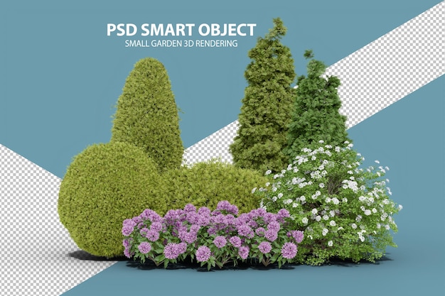 Rendering 3d realistico di un piccolo giardino di oggetti isolati
