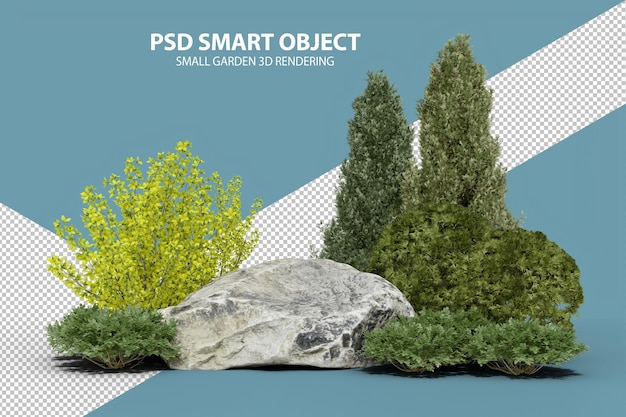 Rendering 3d realistico di un piccolo giardino di oggetti isolati