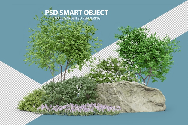 Rendering 3d realistico di un piccolo giardino di oggetti isolati