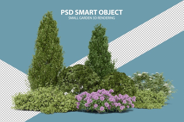 Rendering 3d realistico di un piccolo giardino di oggetti isolati