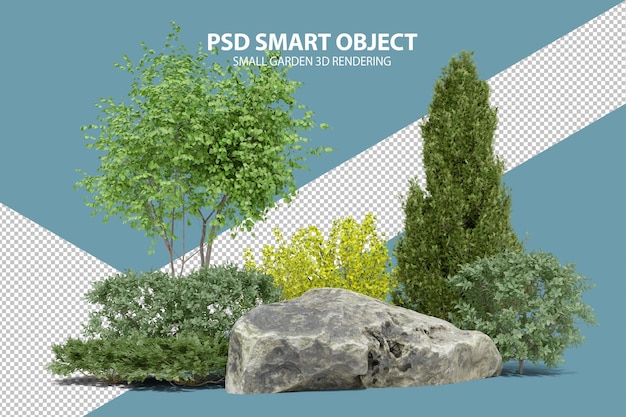 Rendering 3d realistico di un piccolo giardino di oggetti isolati