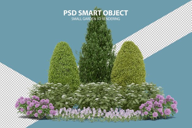 Rendering 3d realistico di un piccolo giardino di oggetti isolati