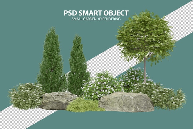 Rendering 3d realistico di un piccolo giardino di oggetti isolati