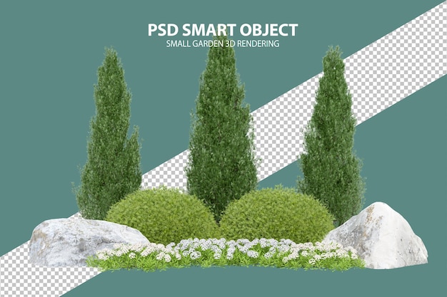 Rendering 3d realistico di un piccolo giardino di oggetti isolati