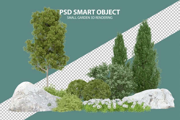 Rendering 3d realistico di un piccolo giardino di oggetti isolati