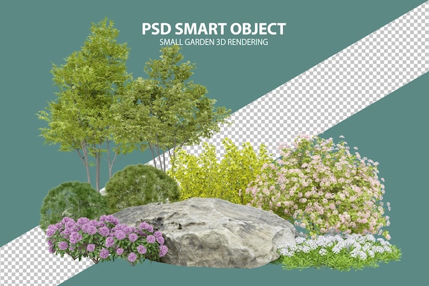 Rendering 3d realistico di un piccolo giardino di oggetti isolati