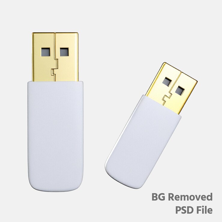 PSD rendering 3d realistico di una flash drive usb bianca