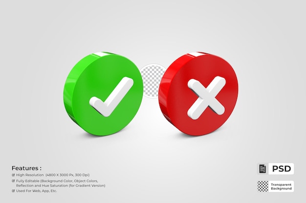 Rendering 3d realistico pulsante verde sì rosso no isolato su sfondo trasparente