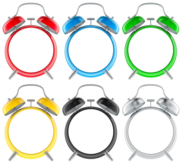 PSD rendering 3d de relojes despertadores con marcadores en blanco aislados en un fondo transparente