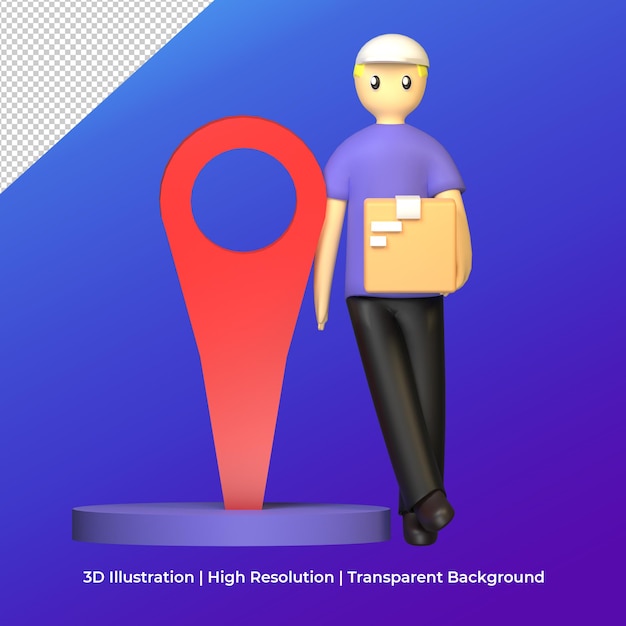 Rendering 3D del repartidor con icono de ubicación de la caja de envío del concepto de compras en línea