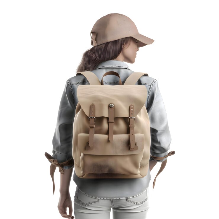 Rendering 3D de una viajera con mochila aislada en fondo blanco