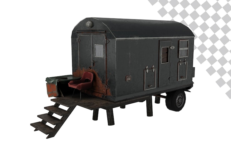 PSD rendering en 3d de un viejo remolque negro con escalera