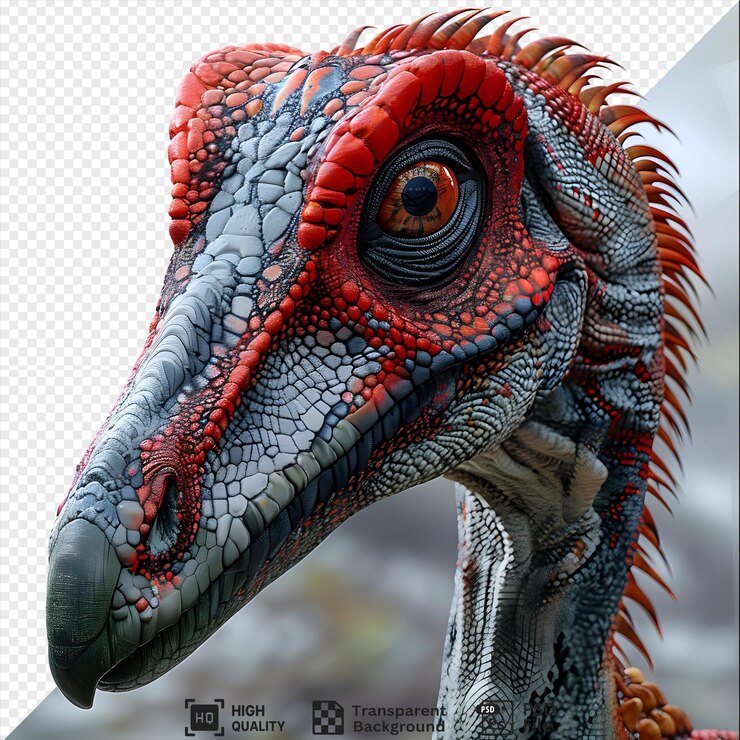 PSD rendering detallado en 3d de una cabeza de dinosaurio con piel texturizada y un gran ojo aislado en un fondo transparente
