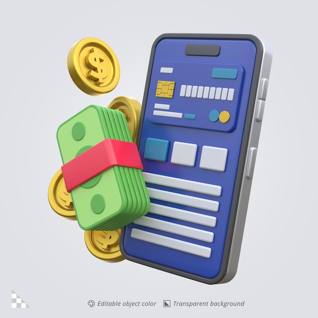 Rendering di icone 3D di un'app per mobile banking e pagamenti digitali