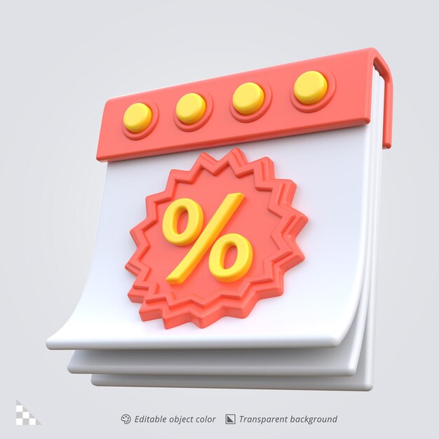 Rendering di icone 3D di un calendario con offerta di sconto di vendita