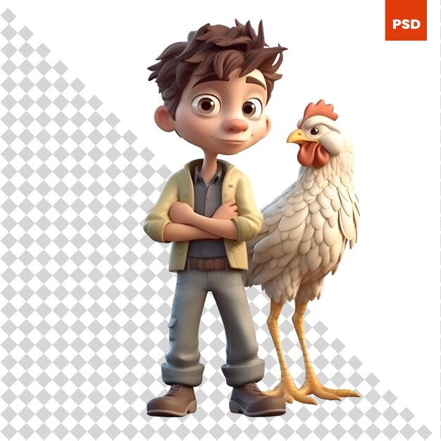 Rendering digitale 3D di un ragazzo con un pollo isolato su sfondo bianco
