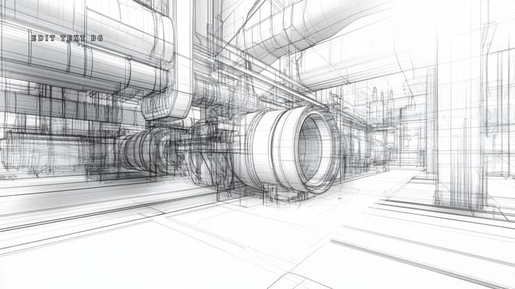 PSD rendering de l'intérieur d'une installation industrielle présentant des machines et des systèmes de tuyauteries complexes