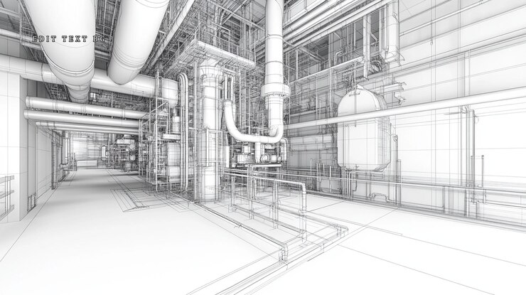 PSD rendering de marco de alambre del interior de una instalación industrial que muestra equipos de tuberías complejos y elementos estructurales