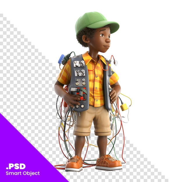 PSD rendering numérique 3d d'un garçon afro-américain avec des équipements électriques isolés sur fond blanc modèle psd