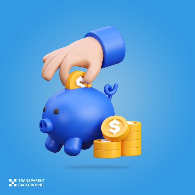 Rendering PSD 3D d'une main tendue à la tirelire bleue insérant une pièce d'un dollar