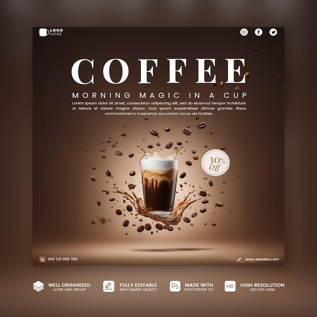 Rendering PSD 3d Modello di post sui social media del caffè