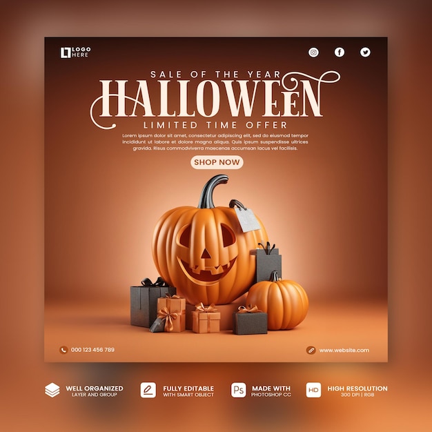 Rendering PSD 3d Post sui social media di vendita di Halloween