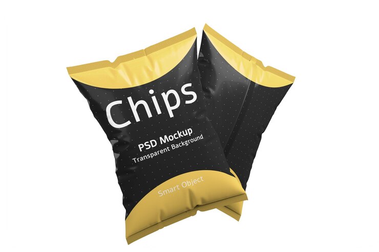 PSD rendering réaliste haut de gamme de chips isolées ou de snacks sac mockup arrière-plan blanc éclairage de studio brillant