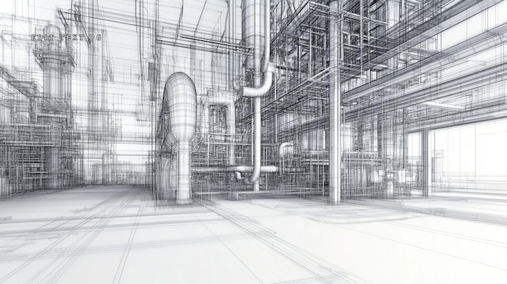 PSD rendering de structures en fil de fer d'installations industrielles, de tuyaux et de structures complexes