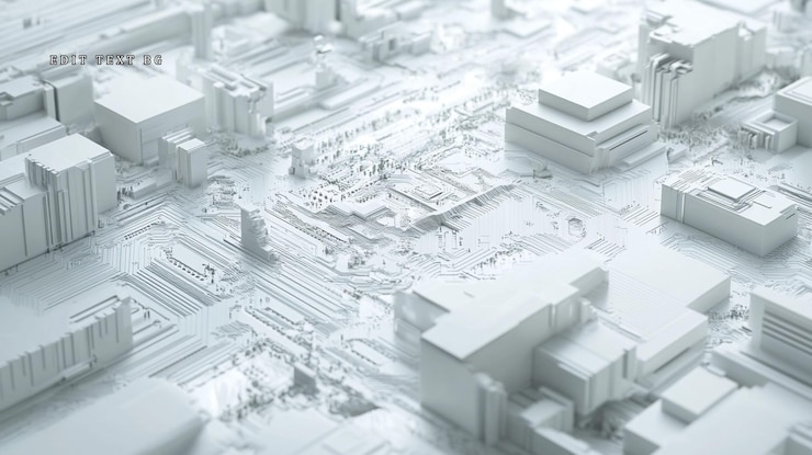 PSD renderização 3d abstrata de uma placa de circuito branca que se assemelha a uma paisagem urbana futurista