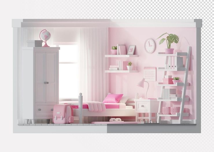 PSD renderização 3d aconchegante quarto de crianças rosa interior quarto de dormir vista lateral