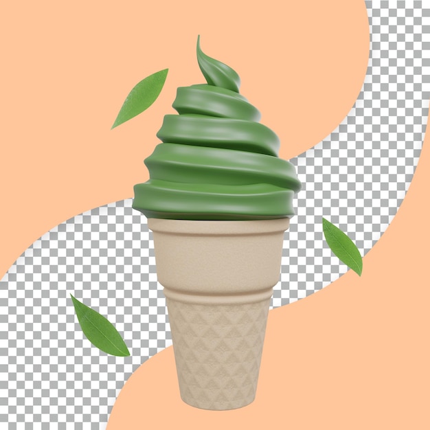 renderização 3D Casquinha de sorvete macio de chá verde e folhas de chá verde transparentes