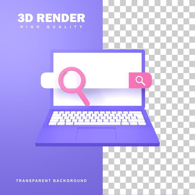 Renderização 3d conceito de otimização de seo com um mecanismo de pesquisa em um laptop.