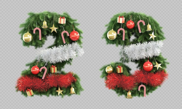 Renderização 3d da árvore de natal número 2 e número 3