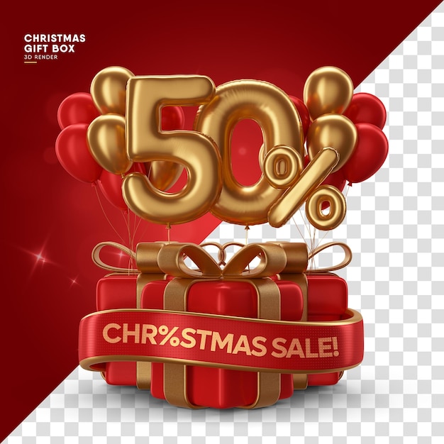 Renderização 3D da caixa de Natal com 50% de desconto no balão metálico