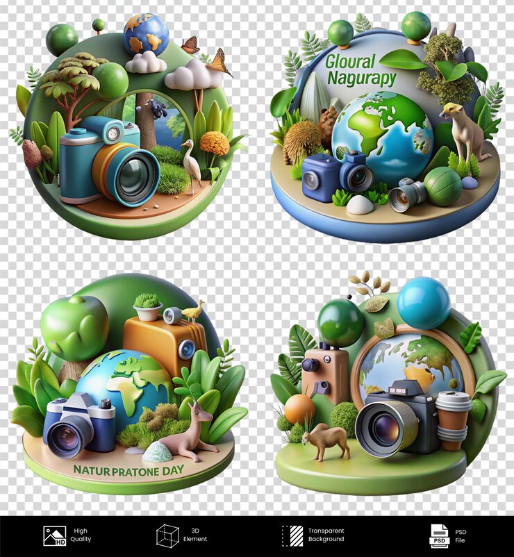 PSD renderização 3d da cena do dia da terra com câmeras e vegetação exuberante