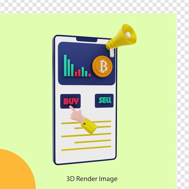 Renderização 3d da compra de moedas criptográficas bitcoin com celular